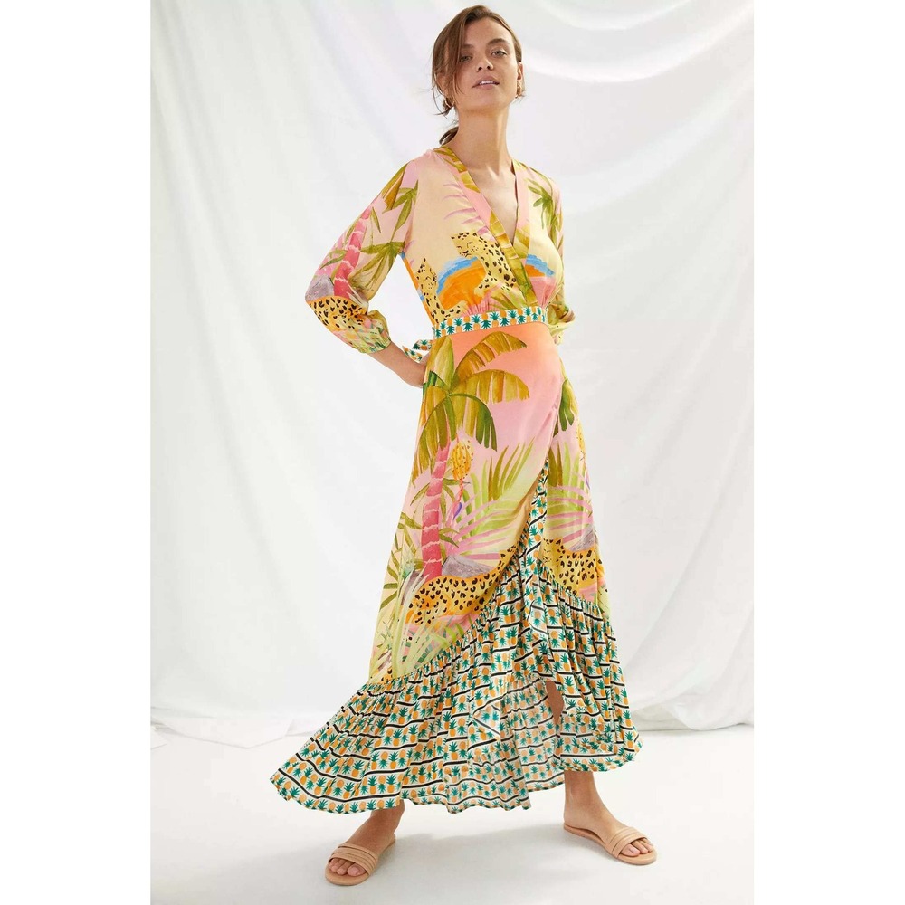 Farm Rio Anthropologie Wrap Maxi Dress Women L Pink Tropical Leopard Resort Midi